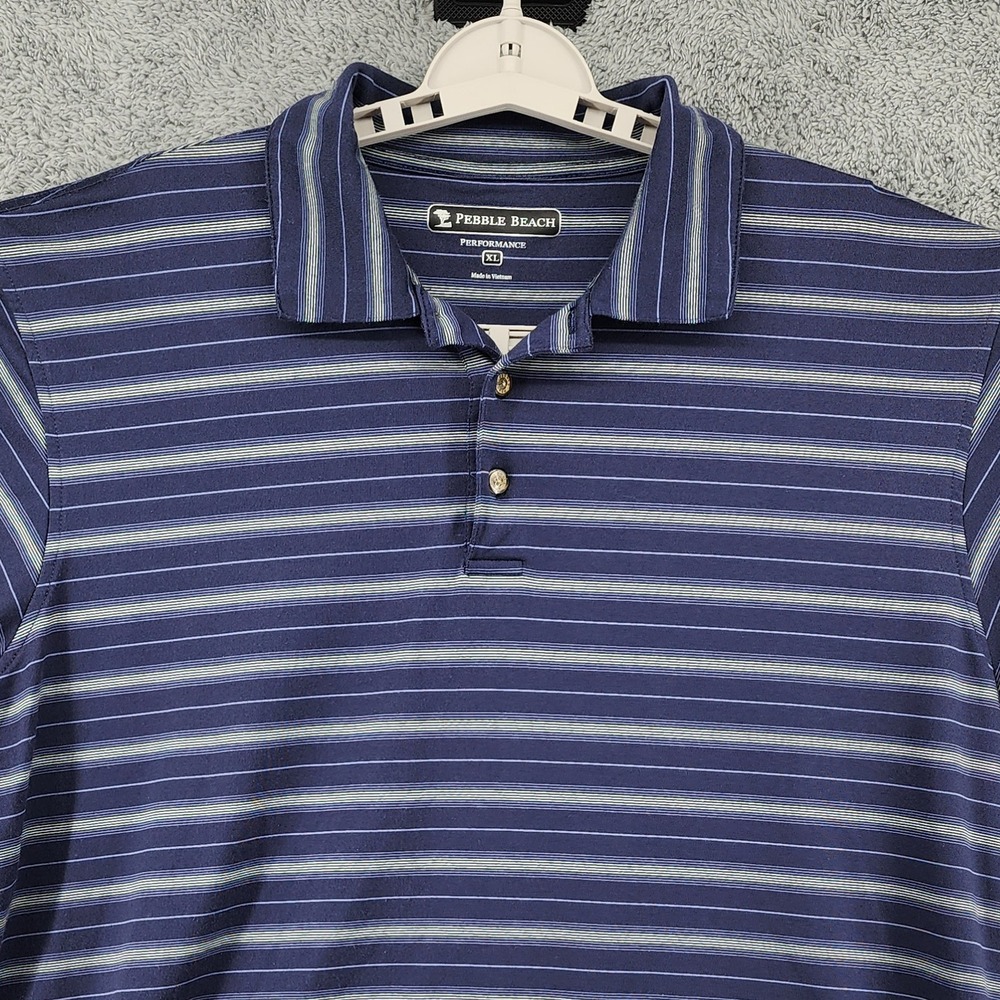 Pebble Beach Polo Shirt Mens XL Performance Pima Blend‎ Navy Striped Golf